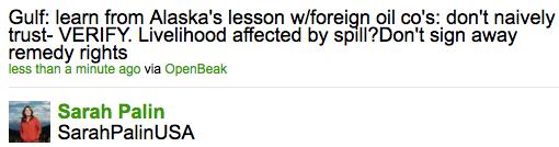 Gulf Oil Spill: Palin Camp Says You Can't Trust Foreign Oil Companies [UPDATE]_1273098096200
