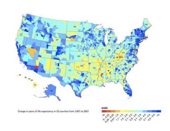 Changes in years of life expectancy in US counties, men, 1987-2007_IHME